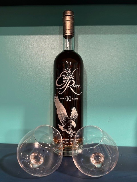 8.) Bottle of Eagle Rare 10 year aged bourbon plus 2 bourbon glasses